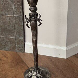 Halloween Gun Metal Gray Metal Candle Holder with spiders 15” Tall. Base 5.5”